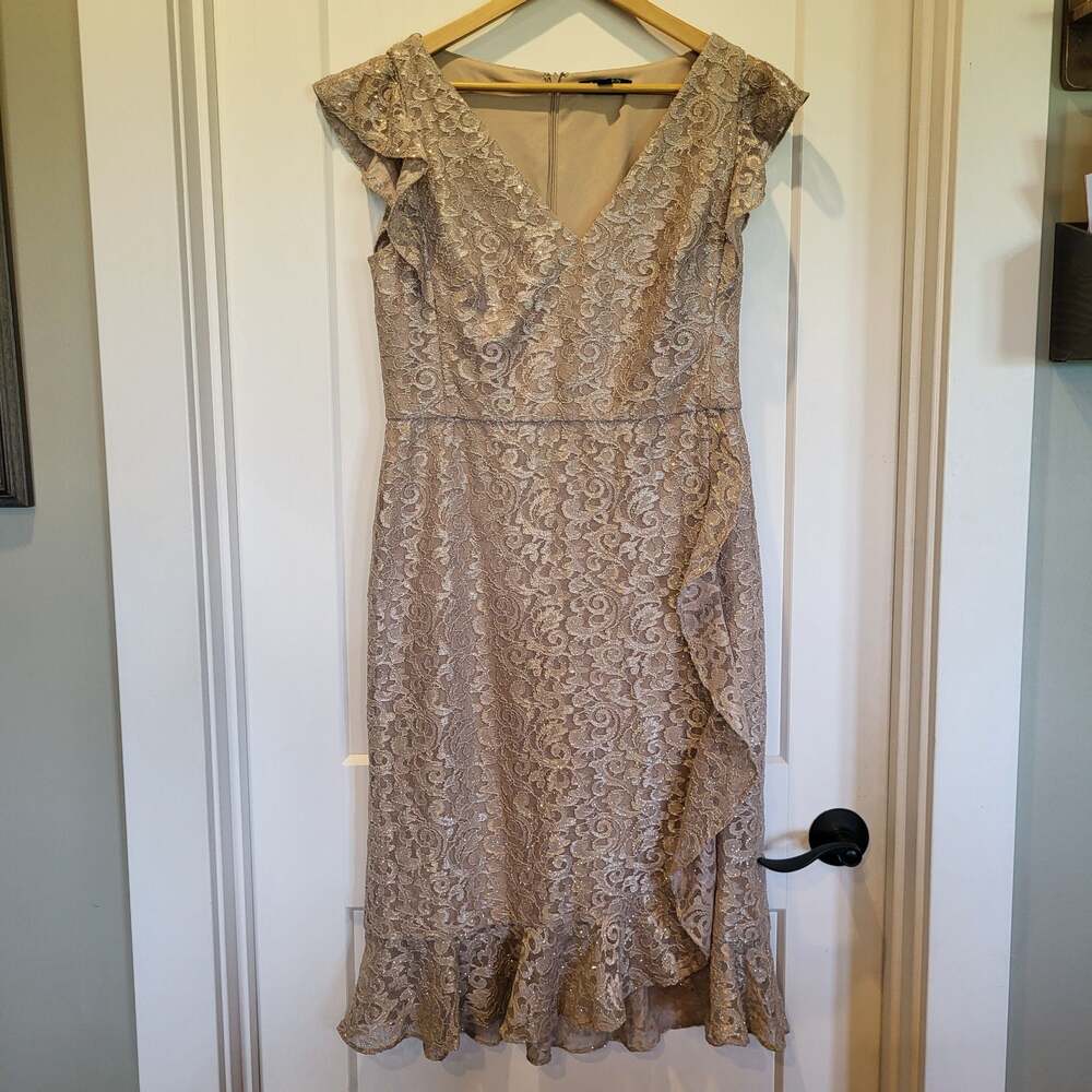Lauren Ralph Lauren Champagne Gold Glitter Lace Ruffle Sheath Dress, size 10